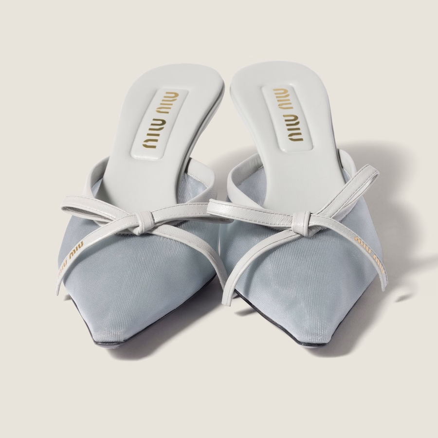Mesh fabric heeled mules