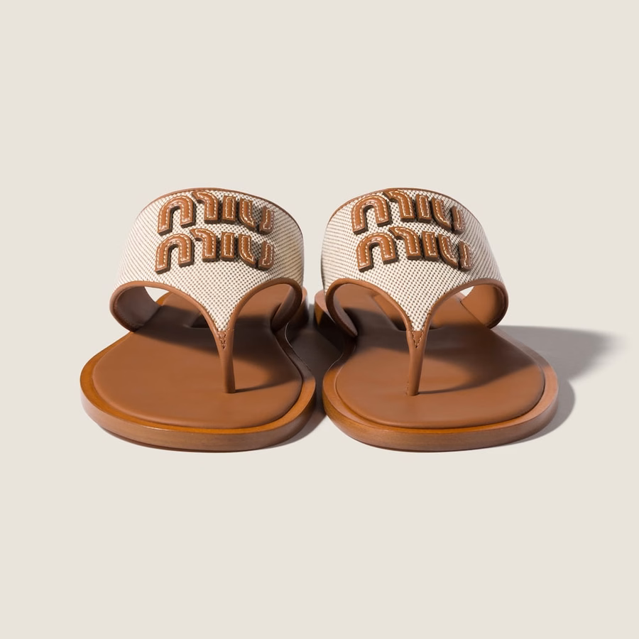 Canvas and leather thong sandals