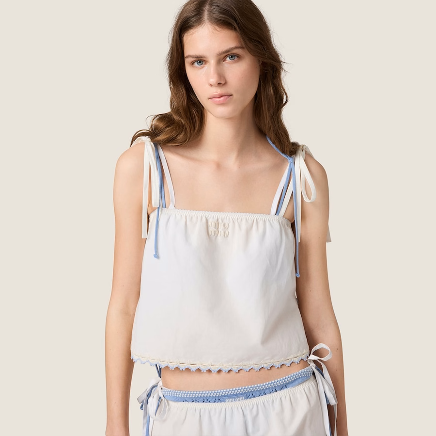 Embroidered slubbed poplin top