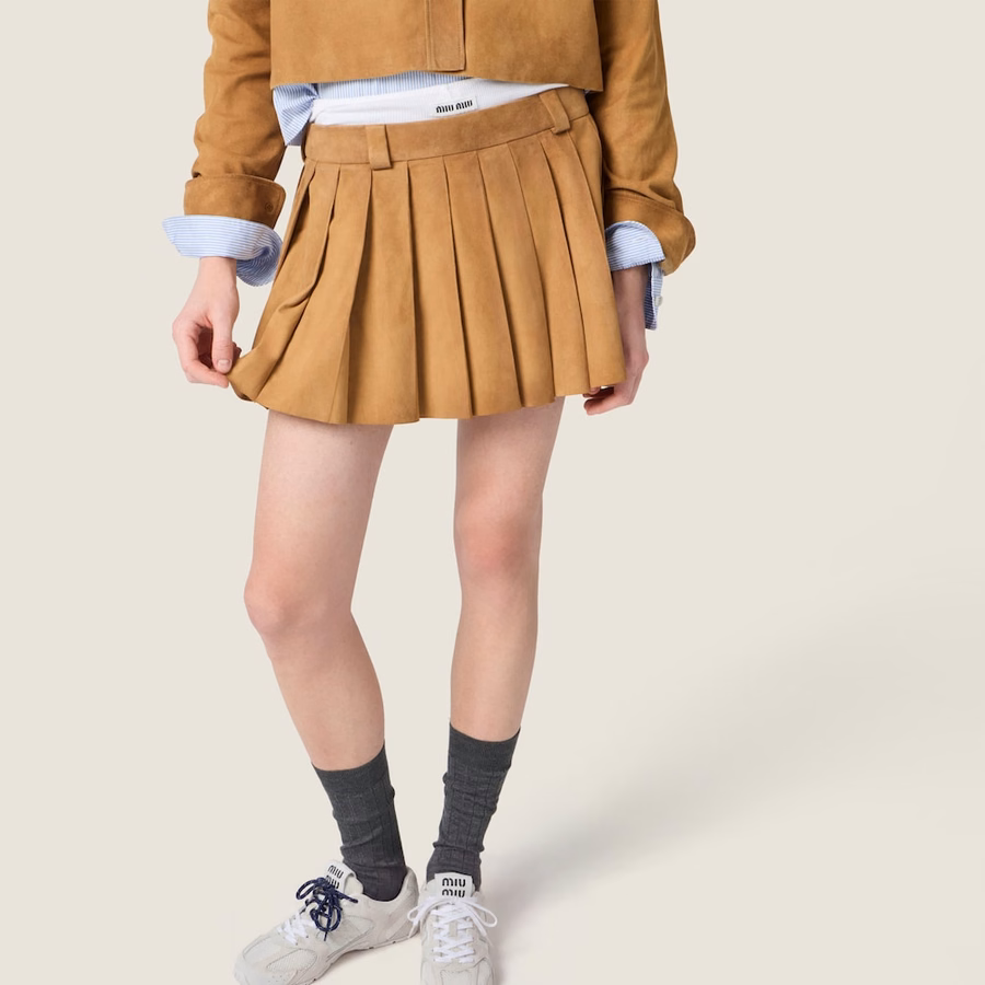 Pleated waxed suede mini-skirt
