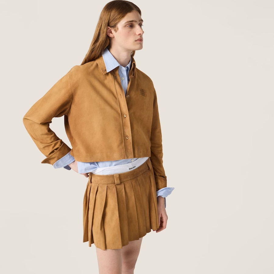 Pleated waxed suede mini-skirt