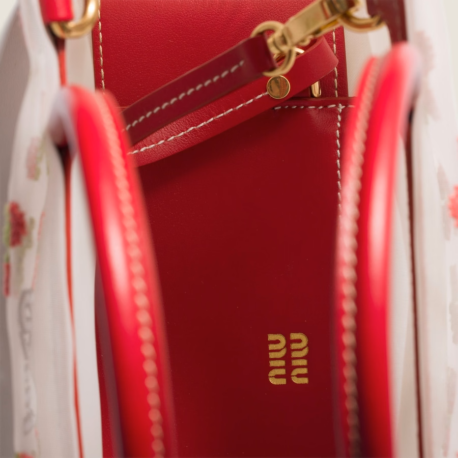 Embroidered mesh top-handle bag