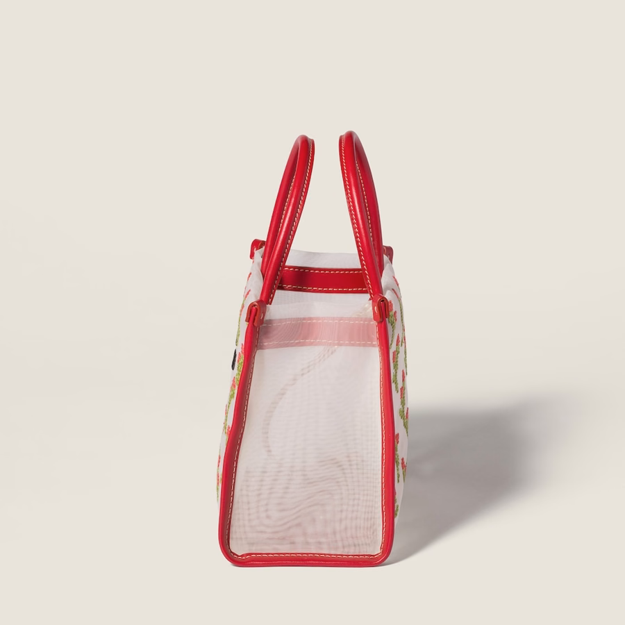 Embroidered mesh top-handle bag