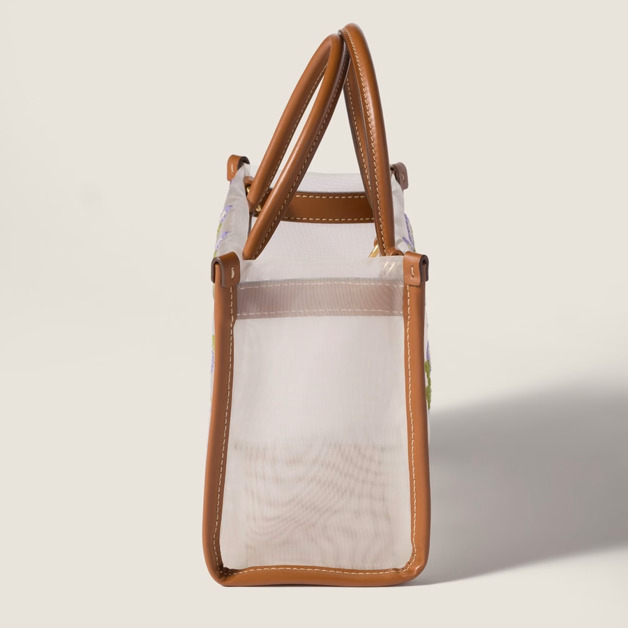 Embroidered mesh top-handle bag